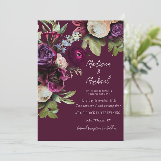 Elegant Burgundy Floral Peonies Wedding Invitation (Standing Front)