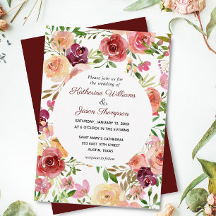 Elegant Burgundy Floral Peony Evening Wedding Invitation