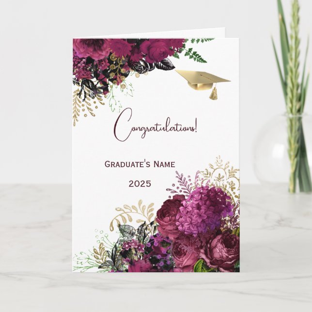 Elegant Burgundy Floral Personalised Graduation Card (Front)