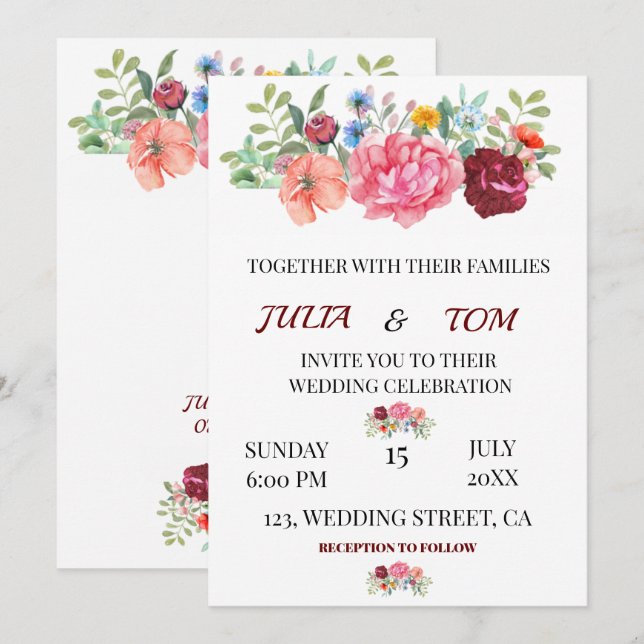 Elegant Burgundy Floral personalised Wedding Invitation (Front/Back)