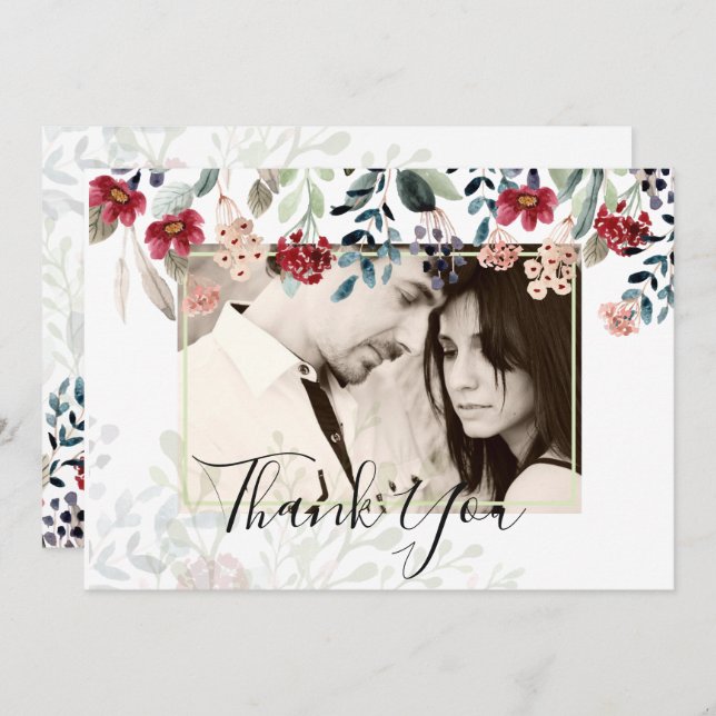 Elegant Burgundy Floral Photo Collage Thank You (Front/Back)