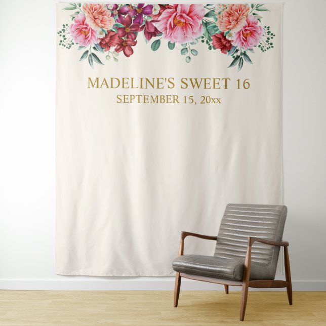 Elegant Burgundy Floral Pink Peonies Sweet 16   Tapestry (In Situ)