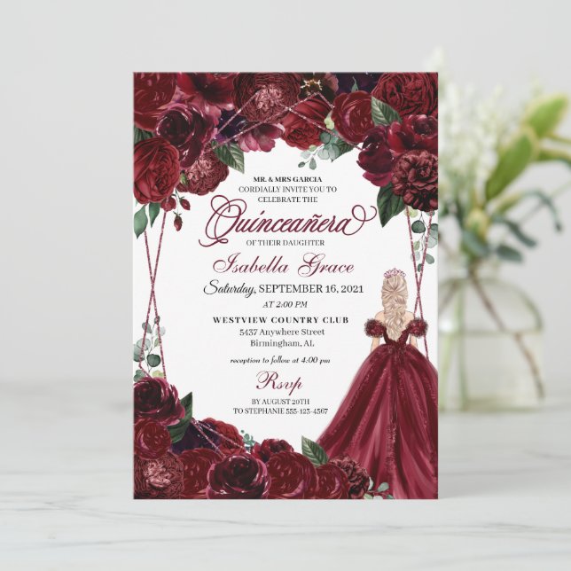 Elegant Burgundy Floral Quinceanera Invitation (Standing Front)