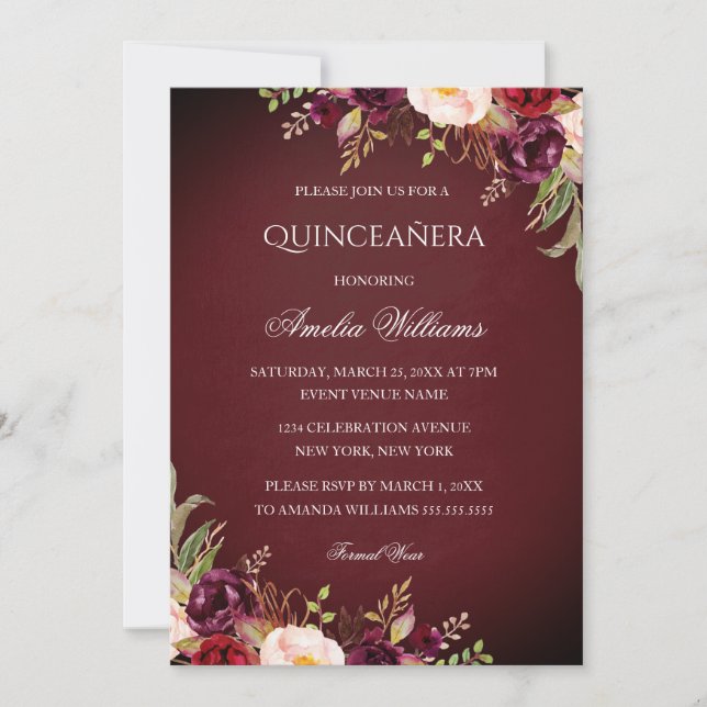 Elegant Burgundy Floral Quinceanera Invitation (Front)