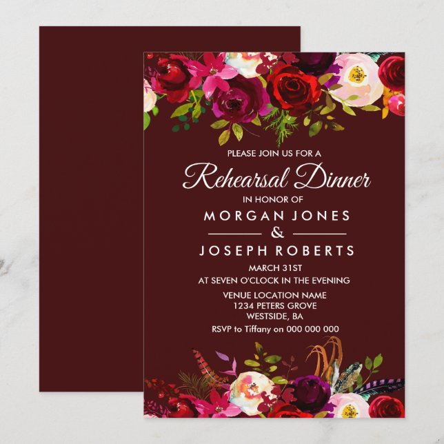 Elegant Burgundy Floral Rehearsal Dinner Invite (Front/Back)