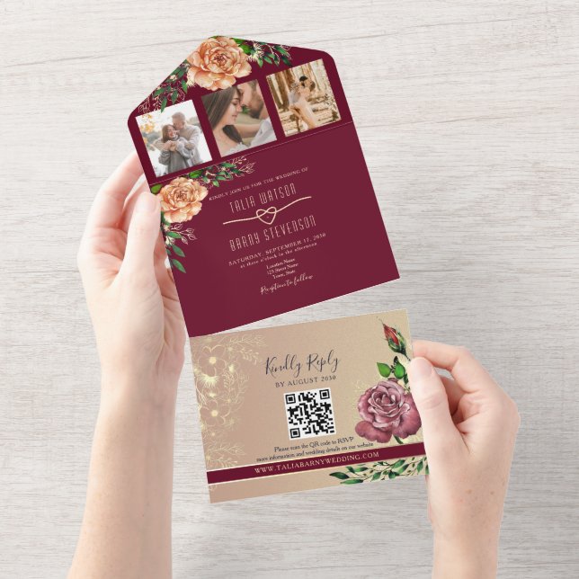 Elegant Burgundy Floral Rose Gold Wedding  All In One Invitation (Tearaway)