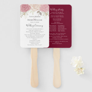 Elegant Burgundy Floral Rose Wedding Program  Hand Fan