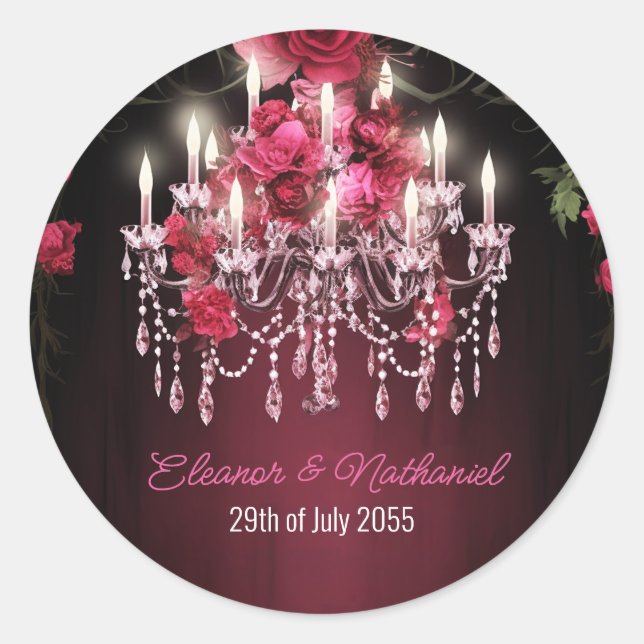 Elegant Burgundy Floral Roses Chandelier Wedding Classic Round Sticker (Front)