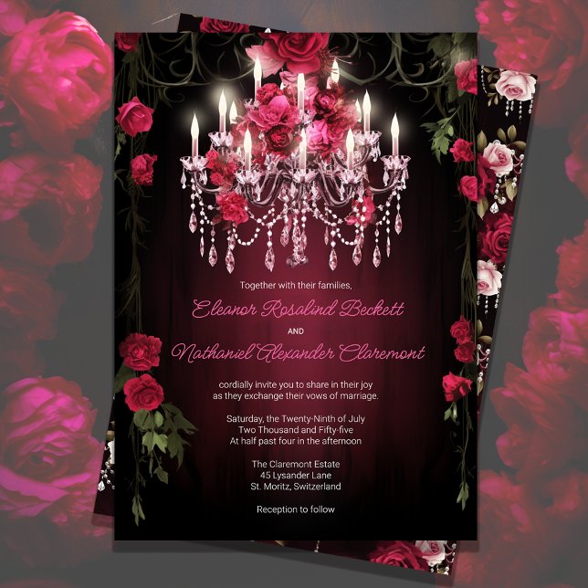 Elegant Burgundy Floral Roses Chandelier Wedding Invitation (Creator Uploaded)