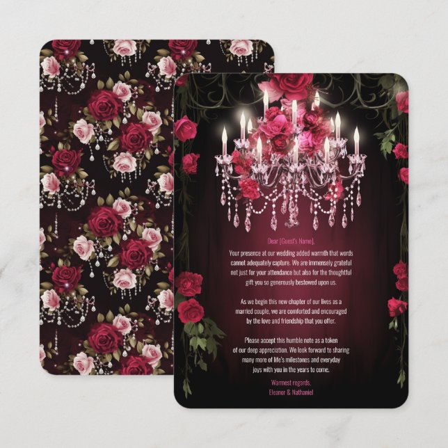 Elegant Burgundy Floral Roses Chandelier Wedding Thank You Card (Front/Back)