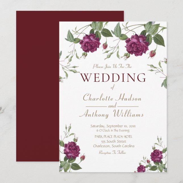 Elegant Burgundy Floral Roses - Wedding Invitation (Front/Back)