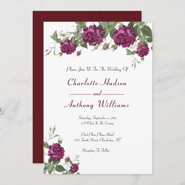Elegant Burgundy Floral Roses Wedding Invitation (Front/Back)