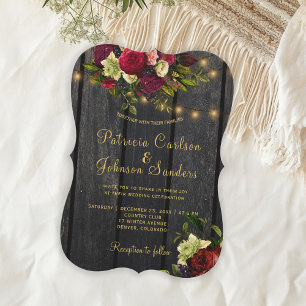 Elegant burgundy floral rustic barn wood wedding invitation