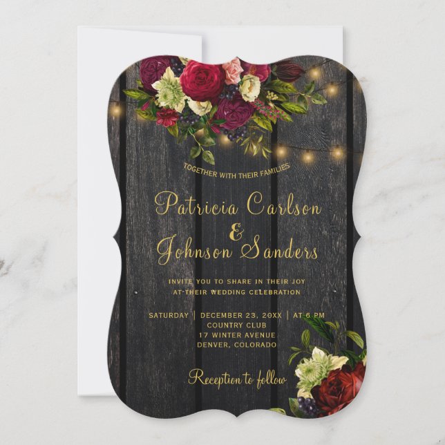 Elegant burgundy floral rustic barn wood wedding invitation (Front)