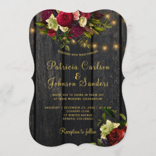 Elegant burgundy floral rustic barn wood wedding invitation