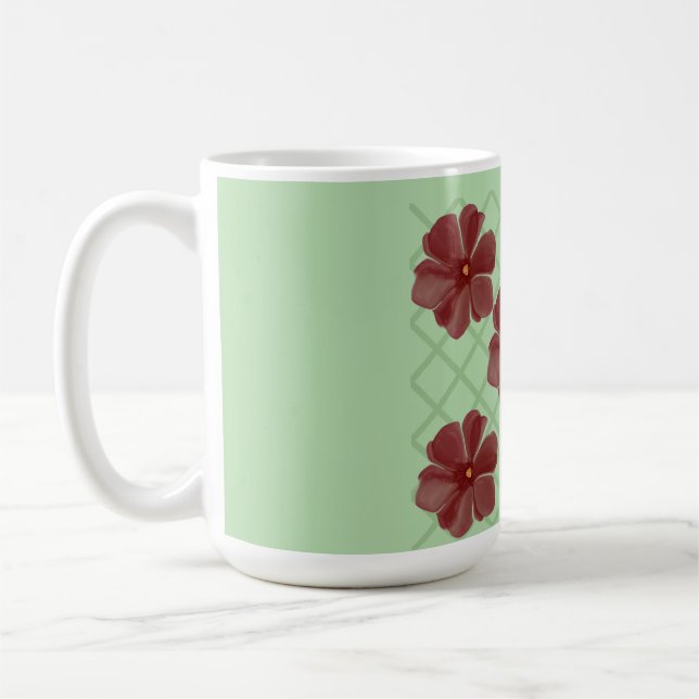 Elegant Burgundy Floral & Sage Green Lattice Patte Coffee Mug (Left)