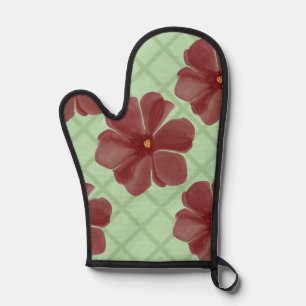 Elegant Burgundy Floral & Sage Green Lattice Patte Oven Mitt