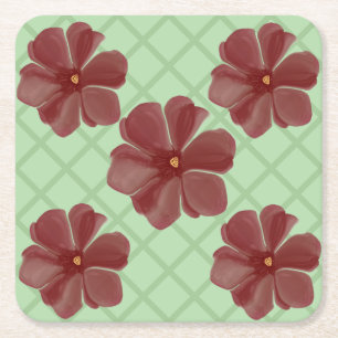 Elegant Burgundy Floral & Sage Green Lattice Patte Square Paper Coaster