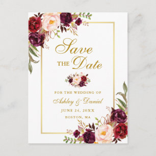 Elegant Burgundy Floral Save the Date Gold Announcement Postcard