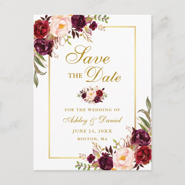 Elegant Burgundy Floral Save the Date Gold Announcement Postcard (Front)
