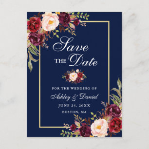 Elegant Burgundy Floral Save the Date Gold Blue Announcement Postcard