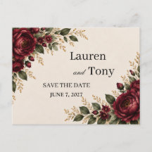 Elegant Burgundy Floral Save the Date Wedding Card