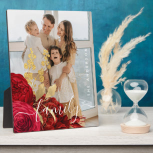 Elegant Burgundy Floral Script Family Photo Plaque