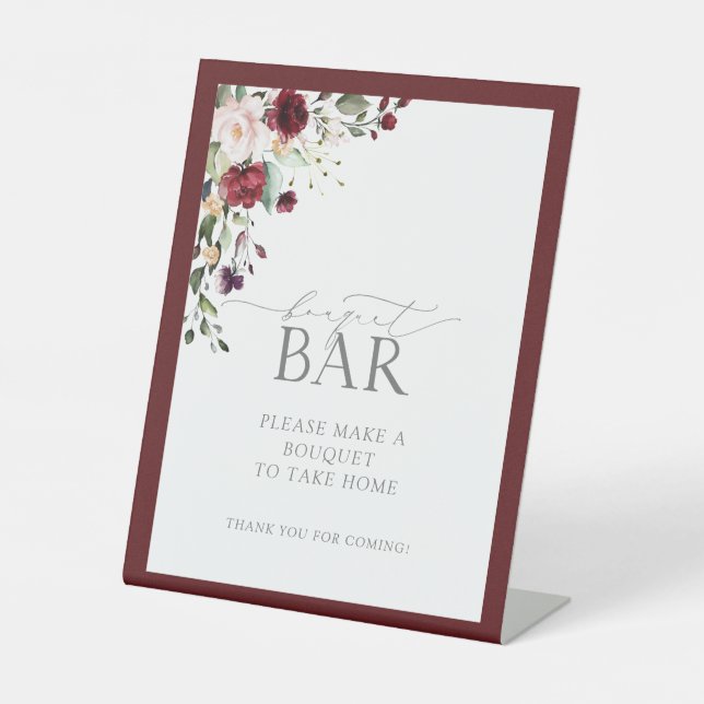 Elegant Burgundy Floral Shower Bouquet Bar Pedestal Sign (Front)