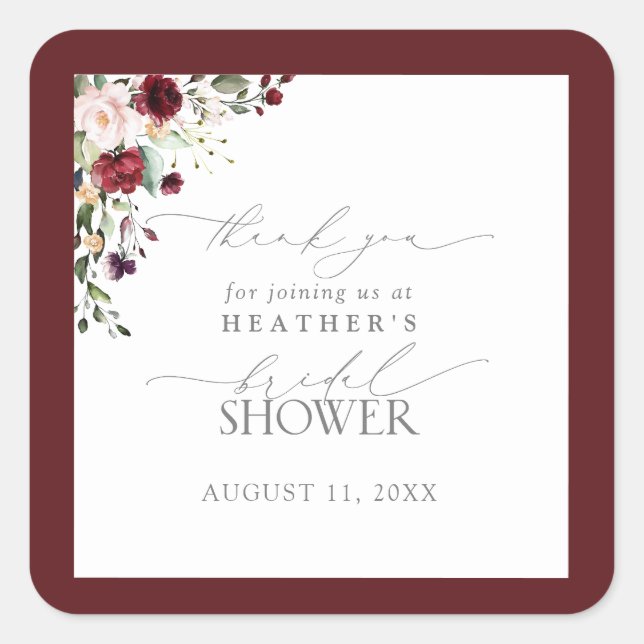 Elegant Burgundy Floral Shower Thank You Square Sticker (Front)