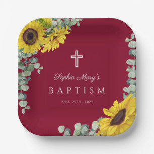 Elegant Burgundy Floral Sunflowers Cross Baptism Paper Plate