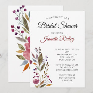 Elegant Burgundy Floral Watercolor Bridal Shower Invitation