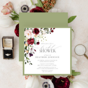 Elegant Burgundy Floral Watercolor Bridal Shower Invitation