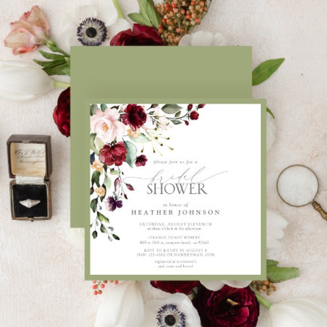 Elegant Burgundy Floral Watercolor Bridal Shower Invitation (Creator Uploaded)