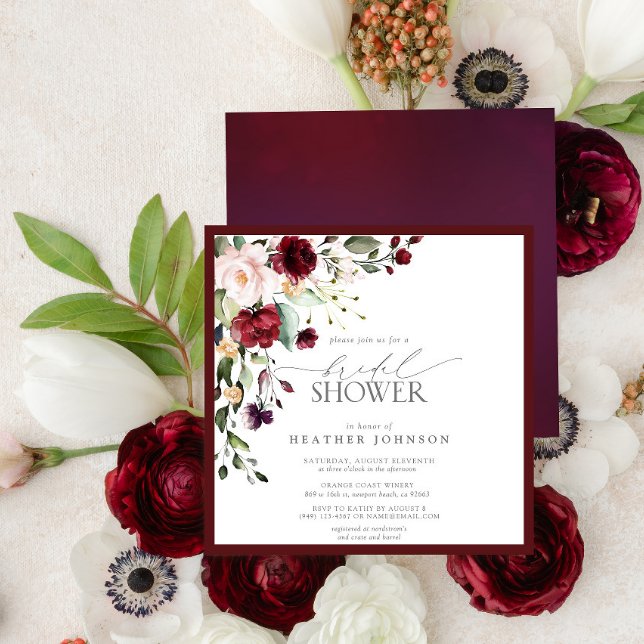 Elegant Burgundy Floral Watercolor Bridal Shower Invitation (Easily personalize this fall bridal shower invitation for the perfect celebration of the bride!)