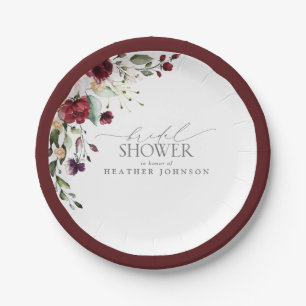 Elegant Burgundy Floral Watercolor Bridal Shower Paper Plate