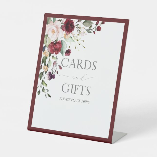 Elegant Burgundy Floral Watercolor Bridal Shower Pedestal Sign (Front)
