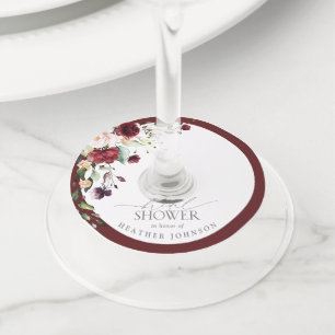 Elegant Burgundy Floral Watercolor Bridal Shower Wine Glass Tag