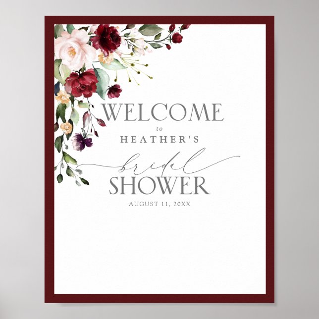 Elegant Burgundy Floral Watercolor Shower Welcome Poster (Front)