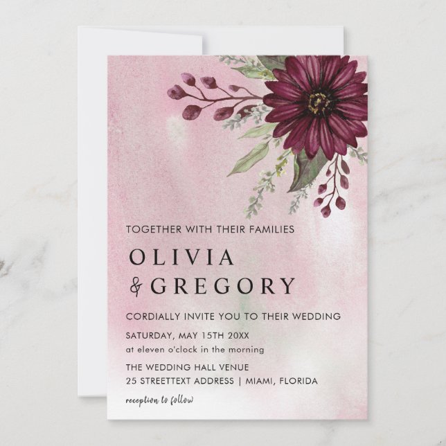 Elegant Burgundy Floral Watercolor Wedding Invitation (Front)