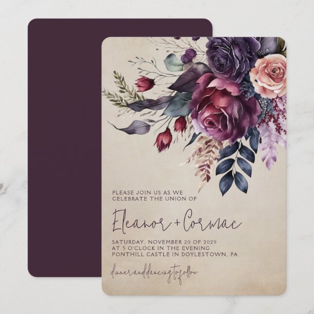 Elegant Burgundy Floral Watercolor Wedding  Invitation (Front/Back)