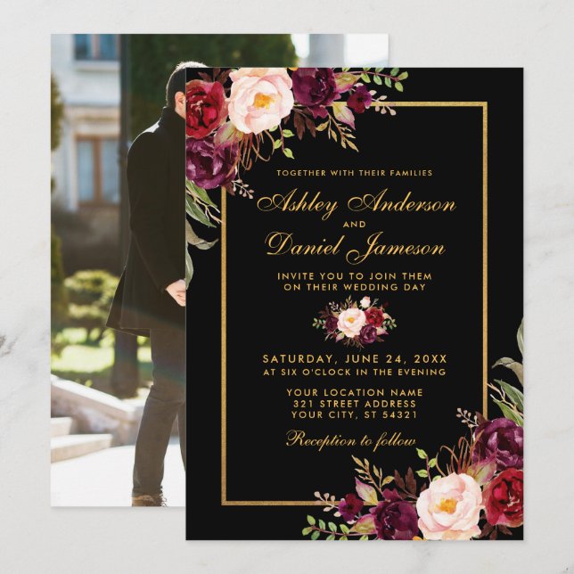 Elegant Burgundy Floral Wedding Black Gold Photo Invitation (Front/Back)