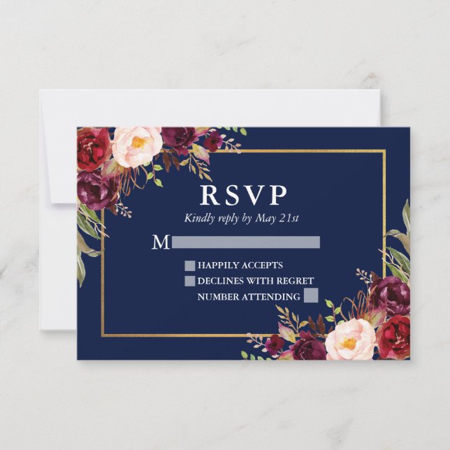 Elegant Burgundy Floral Wedding Blue Gold RSVP Card (Front)