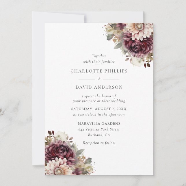 Elegant Burgundy Floral Wedding Invitation (Front)