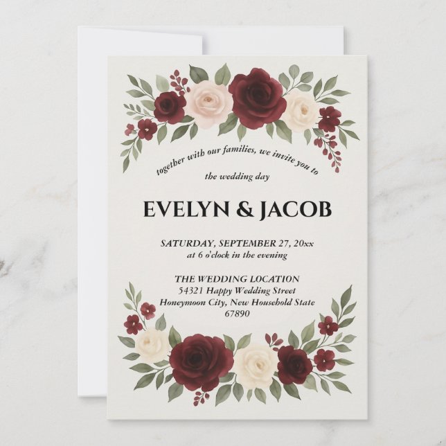 Elegant Burgundy Floral Wedding Invitation (Front)