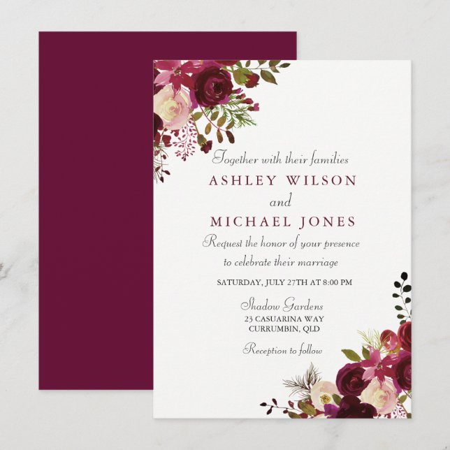 Elegant Burgundy Floral Wedding Invitation (Front/Back)