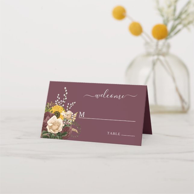 Elegant Burgundy Floral Wedding  Place Card (Front)