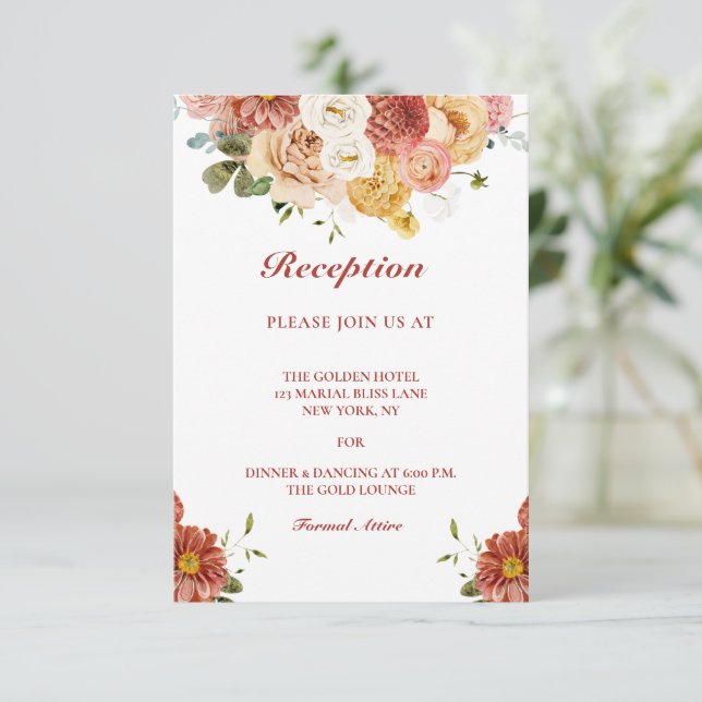 Elegant Burgundy Floral Wedding Reception Card (Standing Front)