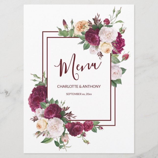 Elegant Burgundy Floral - Wedding Reception Menu (Front)