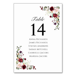 Elegant Burgundy Floral Wedding Reception Seating Table Number