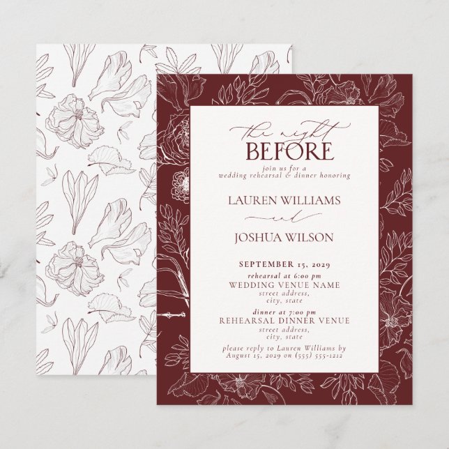 Elegant Burgundy Floral Wedding Rehearsal Dinner Invitation (Front/Back)